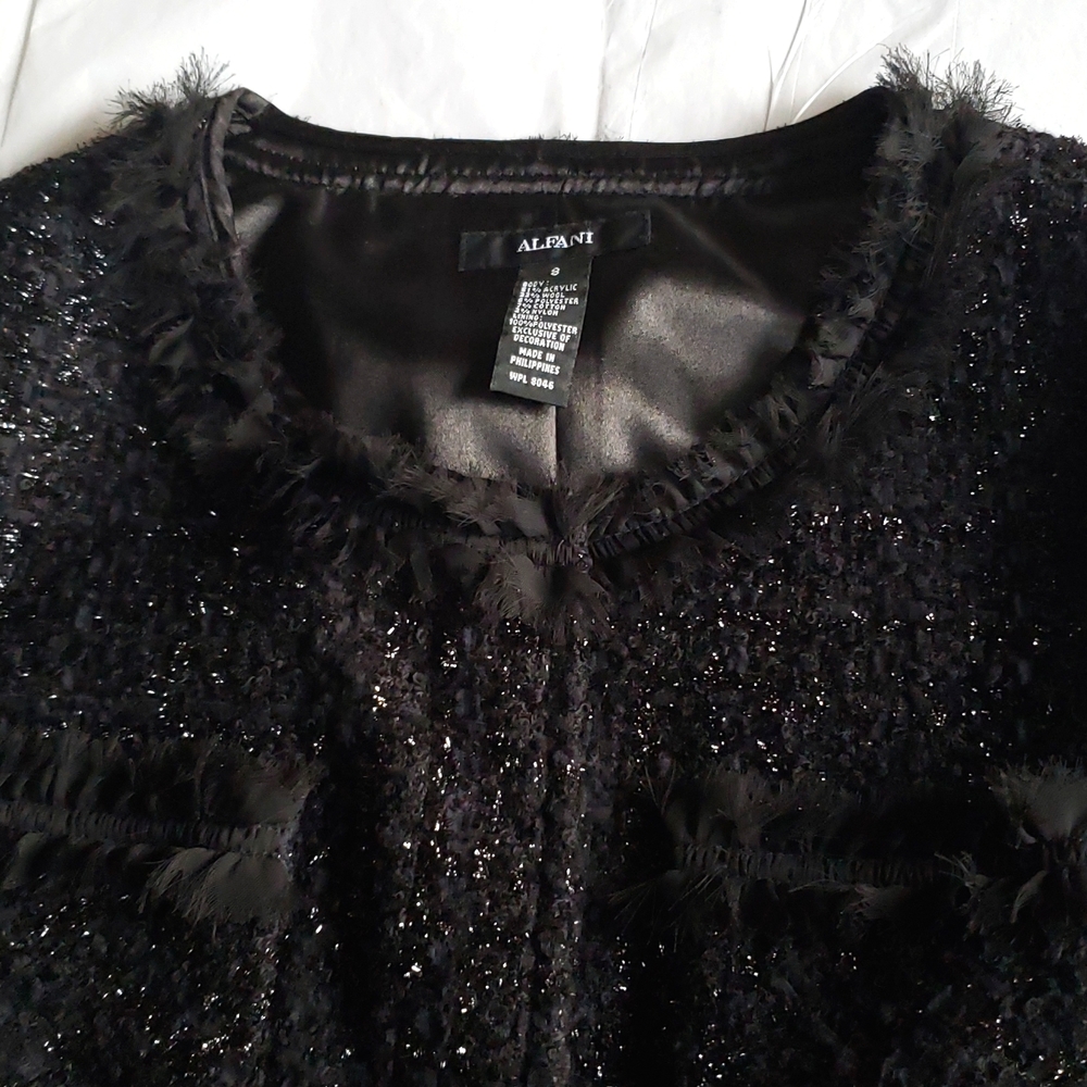 ALFANI New Jacket Blazer Topper Textured Tweed Wool Ribbon Trim Lurex BLACK NWT - Picture 5 of 17